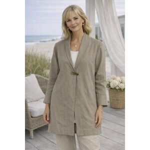 Robin Lane Linen Jacket Womens 1 Taupe Longline Shawl Collar Toggle Blazer USA